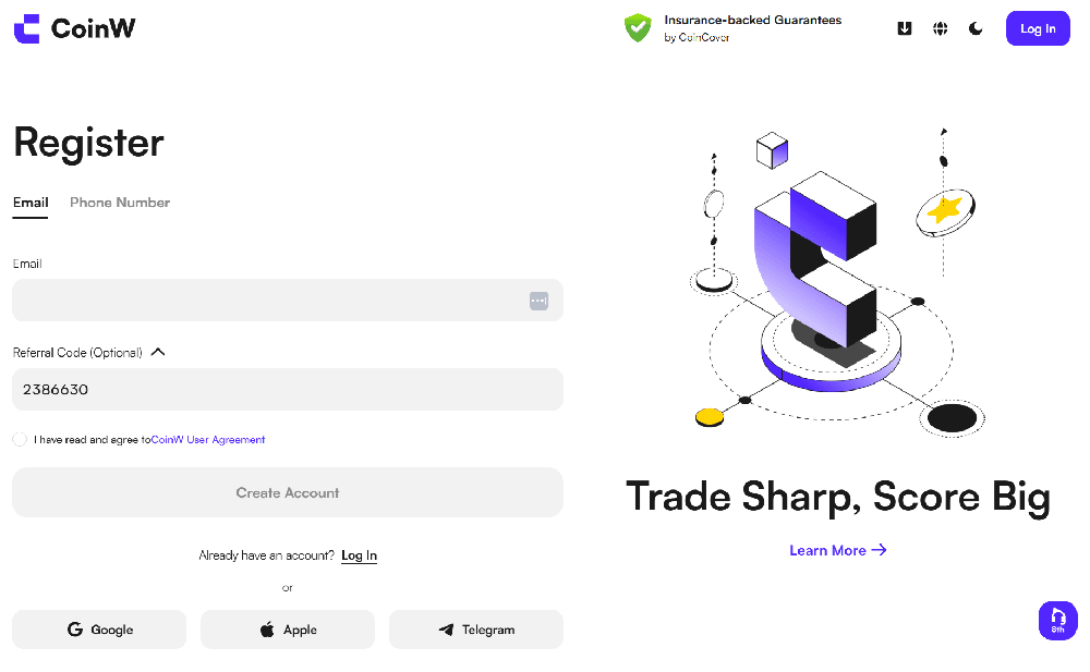 Κωδικός παραπομπής CoinW 2386630 εισαγμένος κατά την εγγραφή
