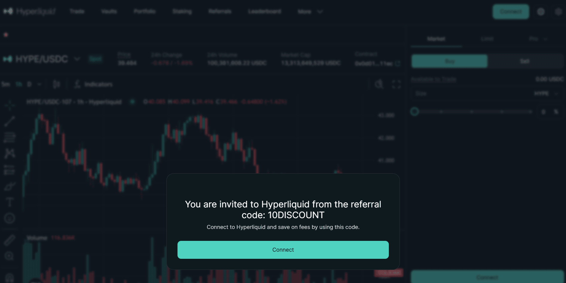 Κωδικός παραπομπής Hyperliquid 10DISCOUNT εισαγμένος στο dashboard