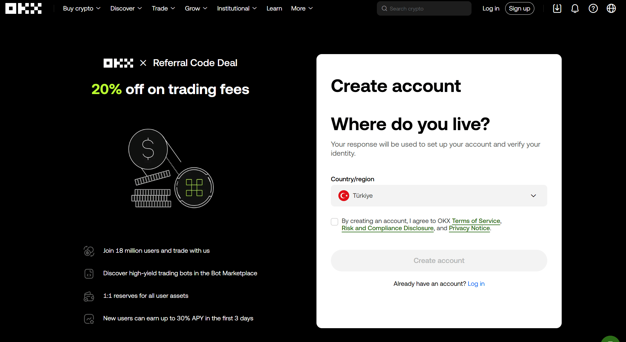 Κωδικός παραπομπής OKX 20EURO εισαγμένος στη φόρμα εγγραφής