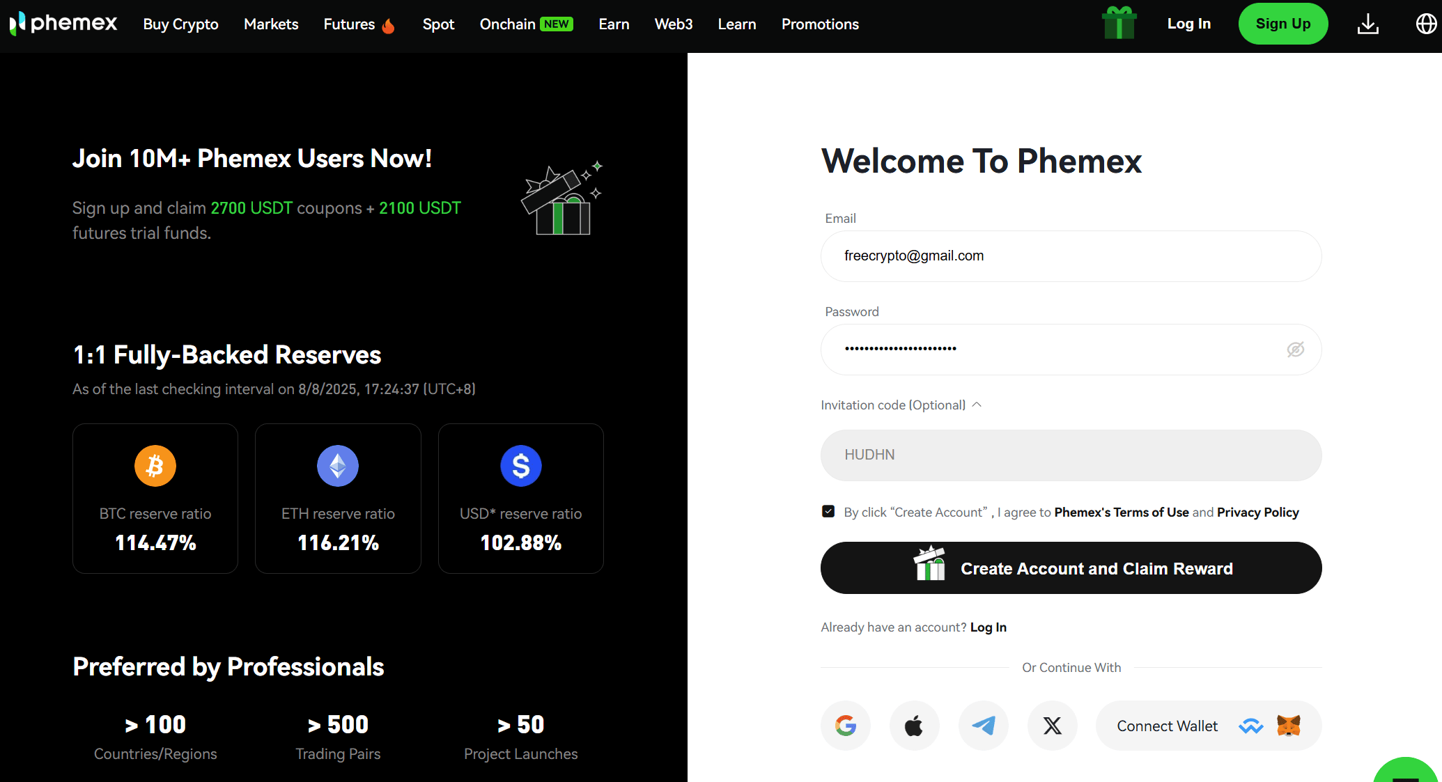 Κωδικός πρόσκλησης Phemex HUDHN εισαγμένος στη φόρμα εγγραφής