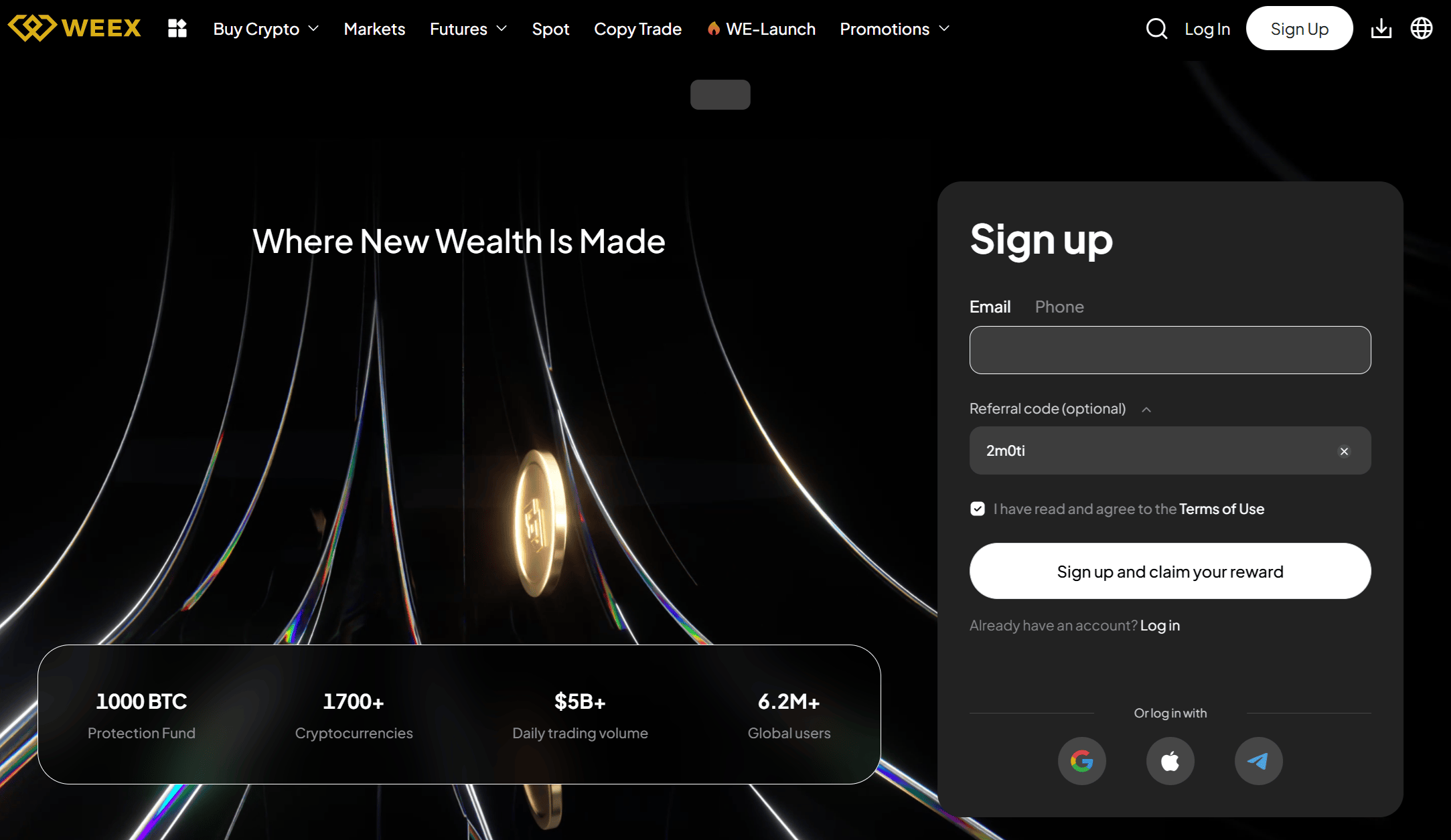 Κωδικός παραπομπής WEEX 2m0ti εισαγμένος κατά την εγγραφή