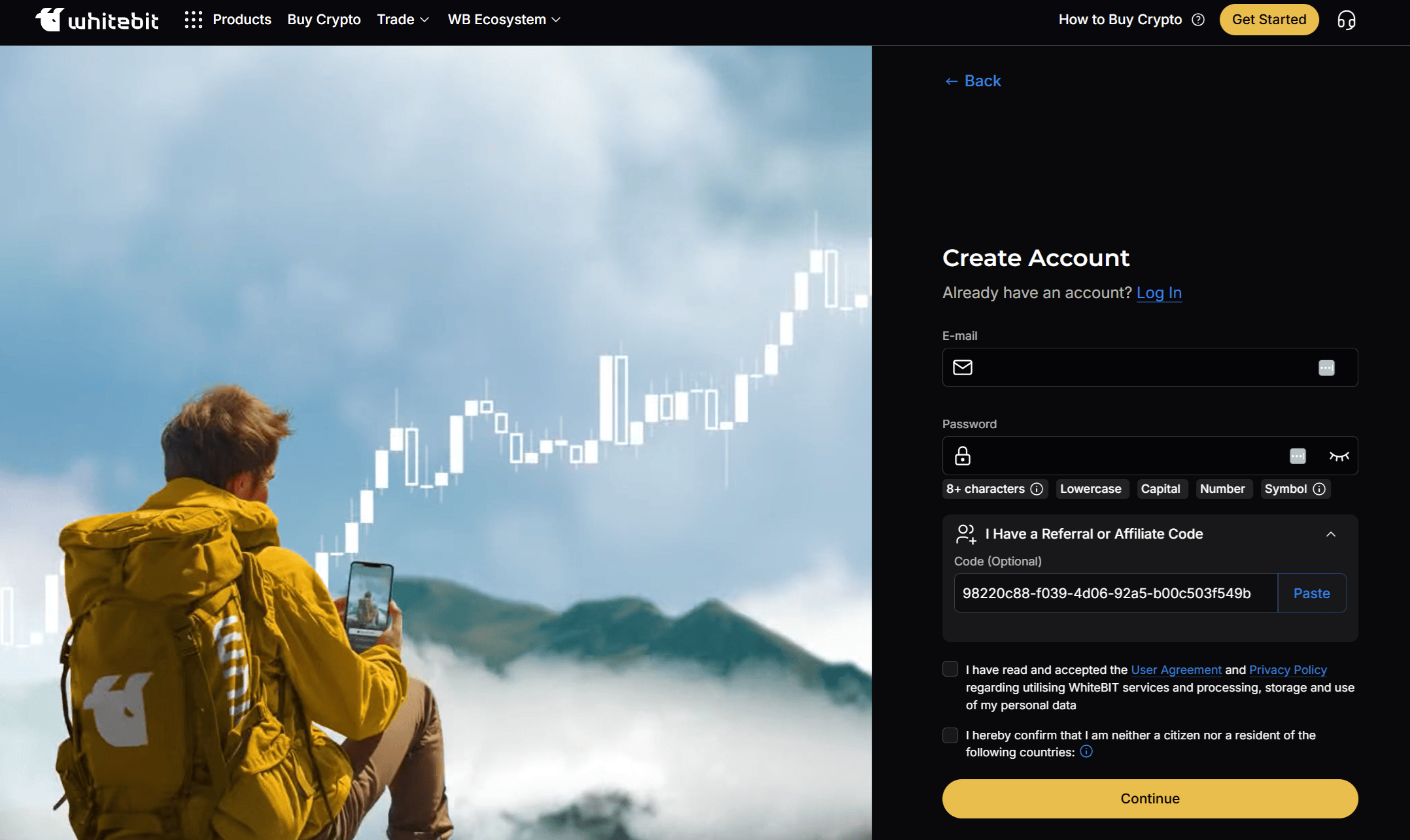 Κωδικός παραπομπής WhiteBIT εισαγμένος κατά την εγγραφή